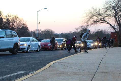 Strath Haven High School students walk to the building, from the car line, on January 24, 2022-- the first day of the second semester. That morning, the majority of classes and schedules switched for the final half of the 2021-2022 school year.