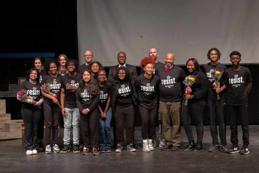 Performers and organizers of the Black History Month Assembly on Feb. 1 pose for a group photo after the second performance.