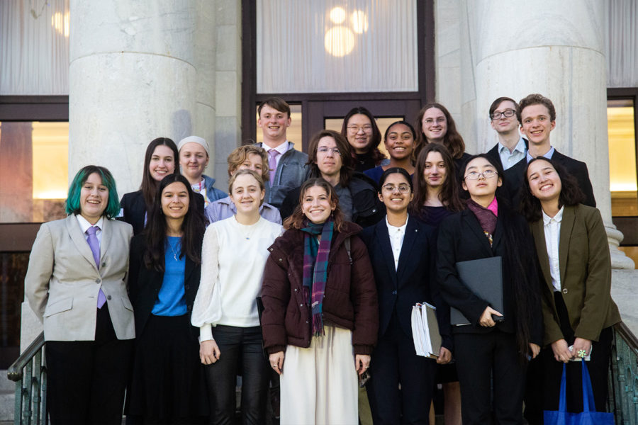 The+Strath+Haven+Mock+Trial+team+stands+outside+the+Delaware+County+Courthouse.+Both+the+defense+and+plaintiff+teams+won+their+trials+and+will+move+on+to+the+next+round+in+the+tournament.+