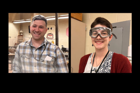 New teachers Mr. Brent Thomas and Ms. Hannah Holt smile in their classrooms.