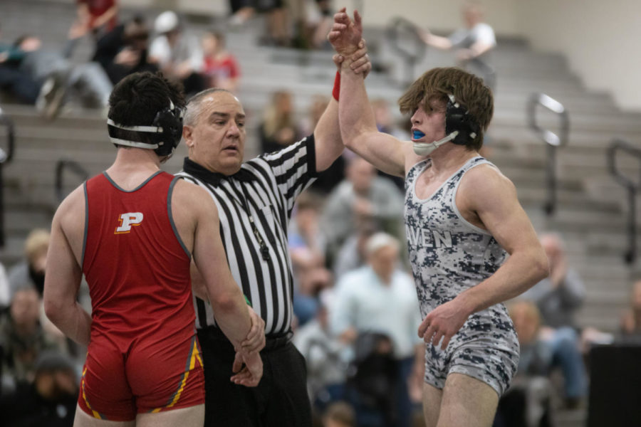 Freshman Michael Spielman is announced victorious against Penncrest opponent junior Dyland DeJong. Haven defeated Penncrest with a final score of 38-25.