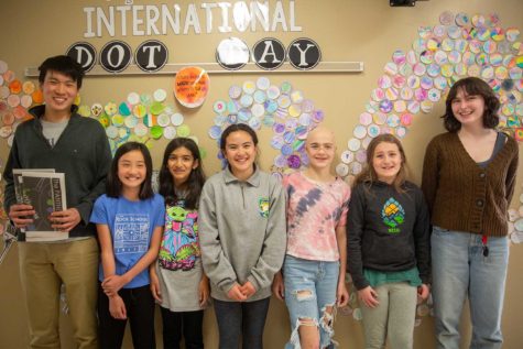 The editors-in-chief of the Panther Press pose with the editors of Rusty’s Ramblings: senior Matthew Chen; fifth graders Adrianna Ho, Siona Talekar, Lauren Montague, Isabella Neri, and Carlie Millard; and senior Julia Gray.