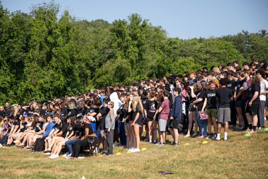 Seniors gather on the hillside near the softball field for their pano photo on Friday, June 2.