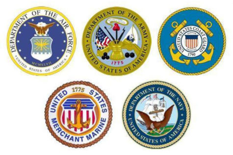 Logos of the five service academies.