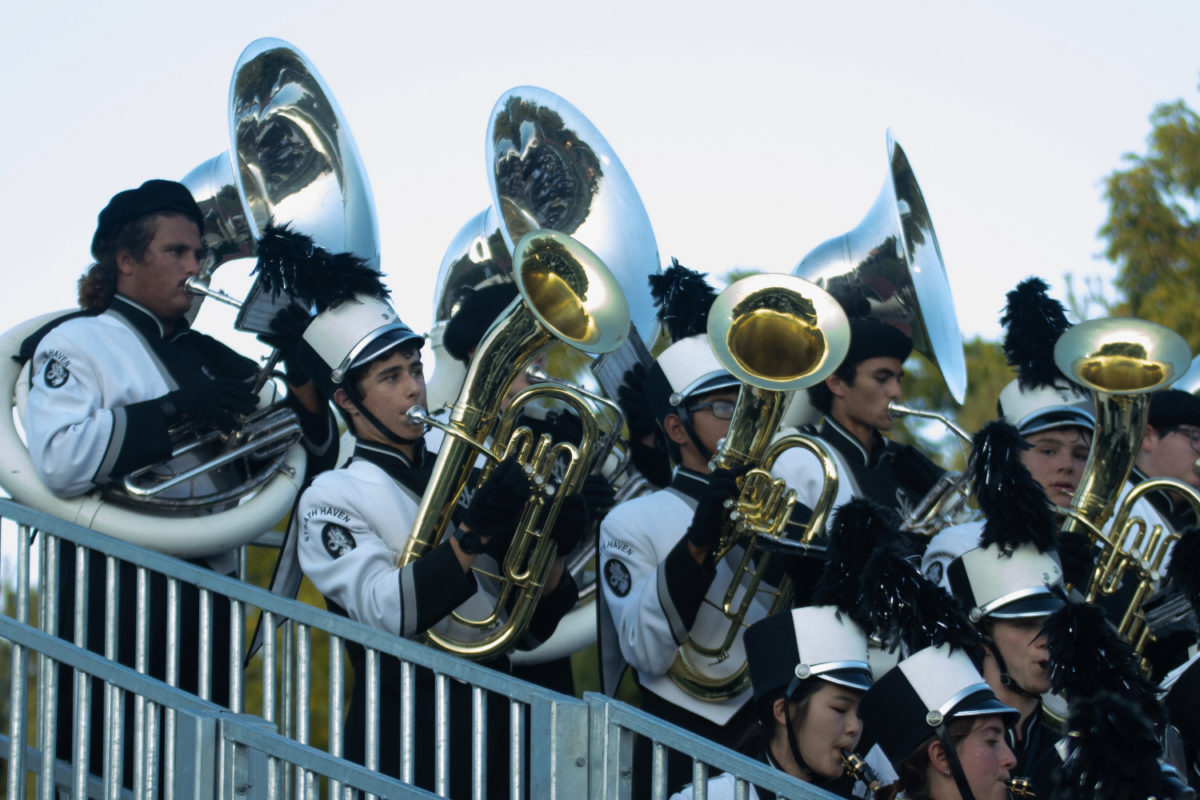 The brass section of the Haven marching band performs during the home game against Interboro on August 25. 