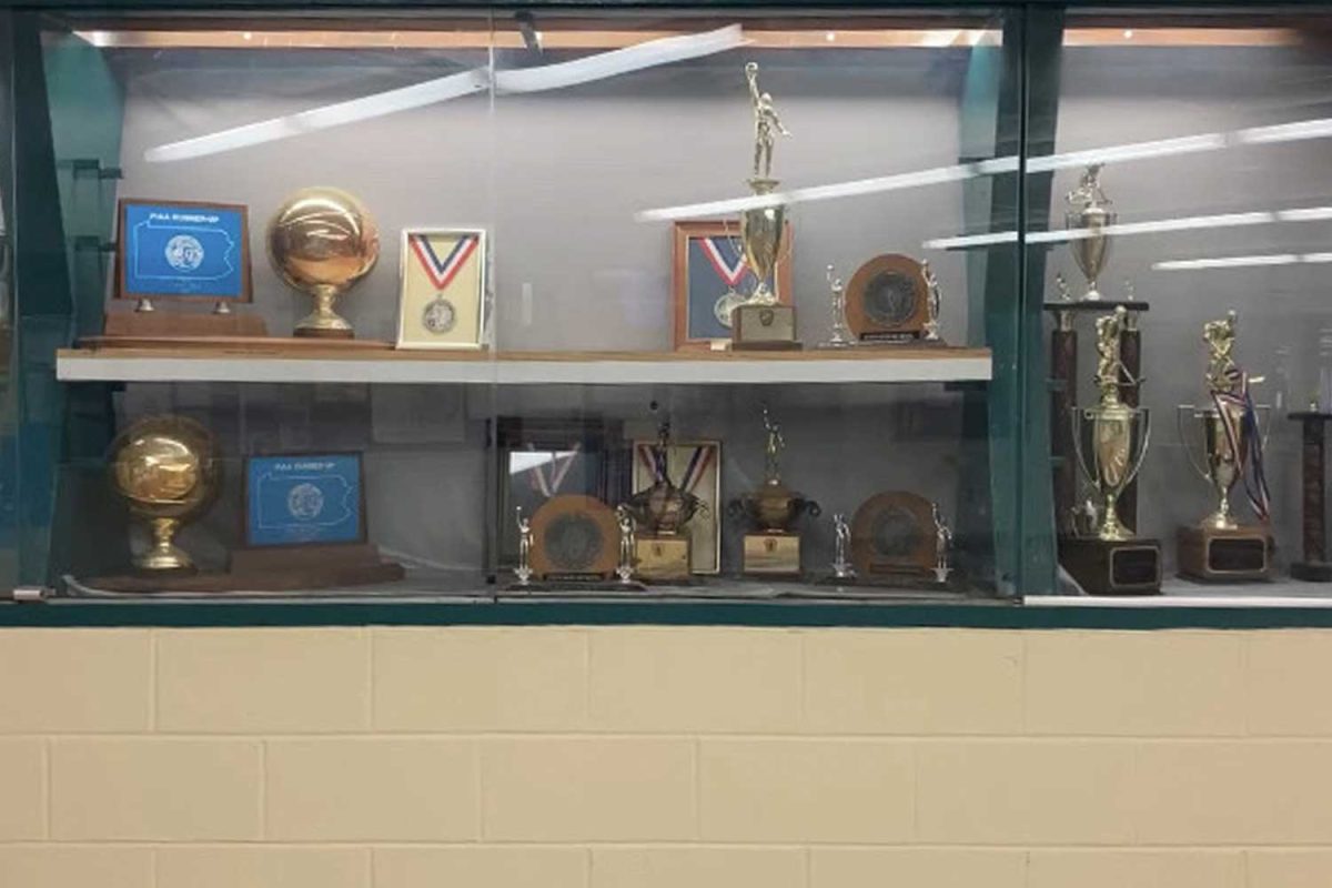 One of the large trophy cases in the second floor lobby.