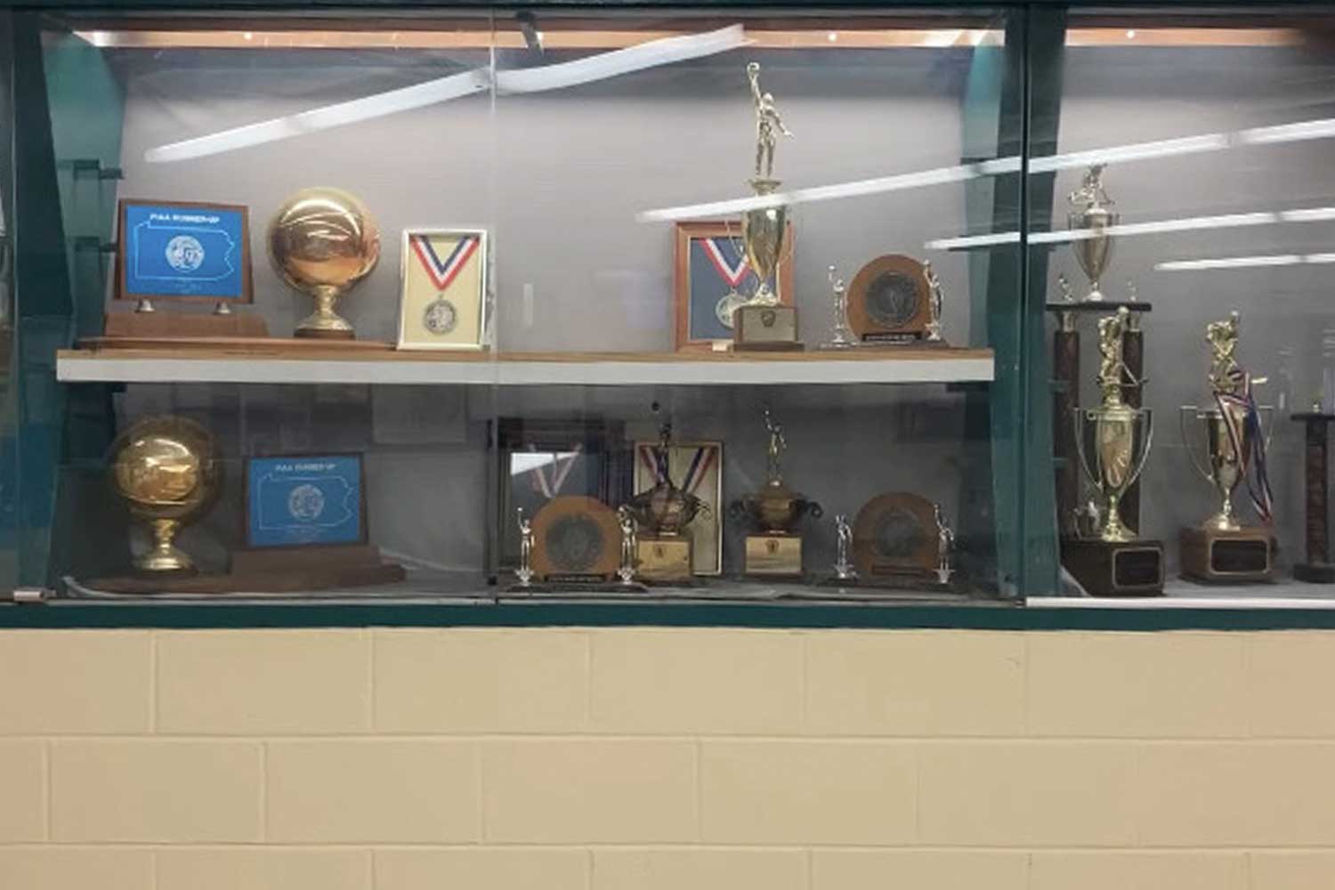 One of the large trophy cases in the second floor lobby.