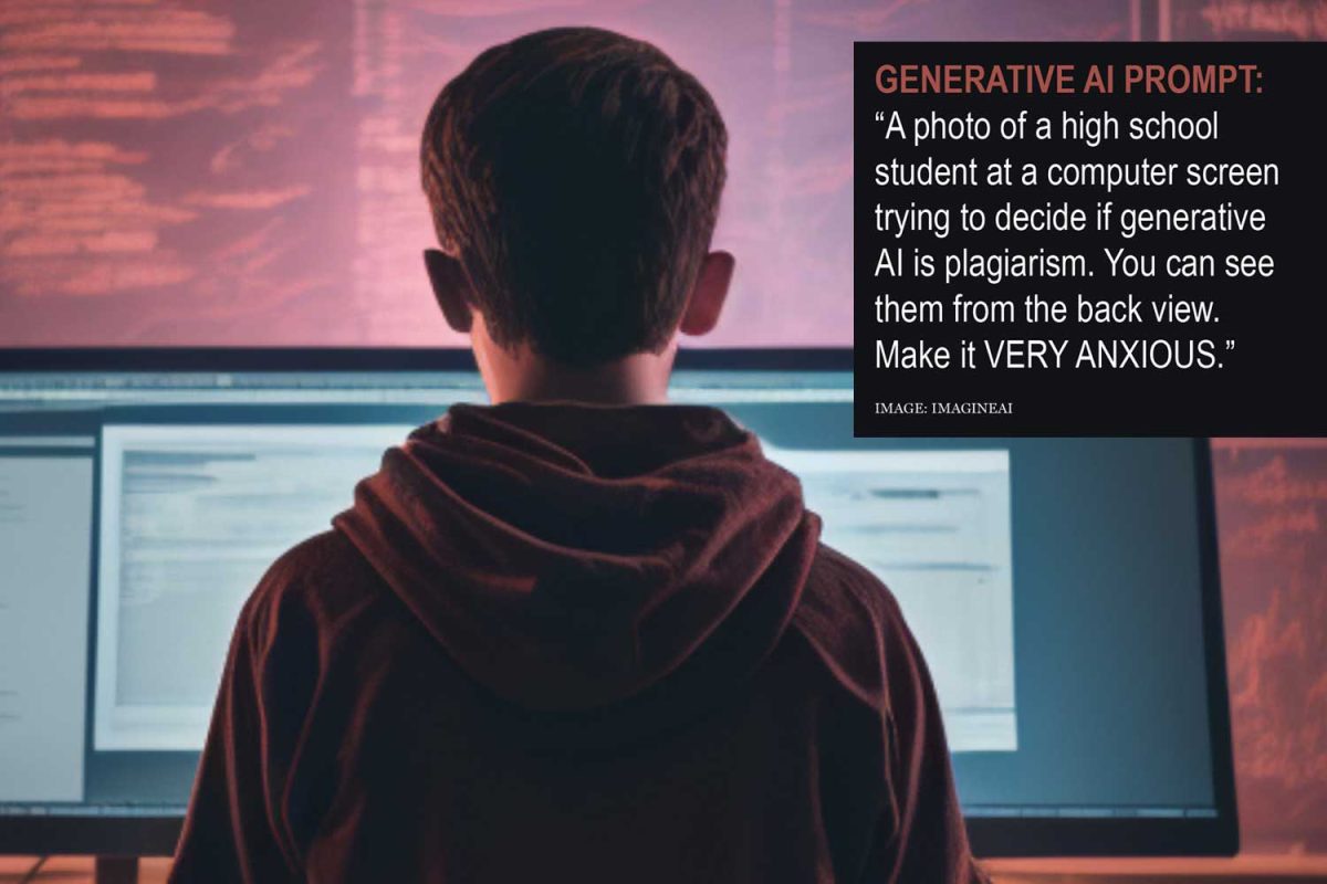 GENERATIVE AI PROMPT, via Image: ImagineAI: “A photo of a high school student at a computer screen trying to decide if generative AI is plagiarism. You can see them from the back view. Make it VERY ANXIOUS.” 