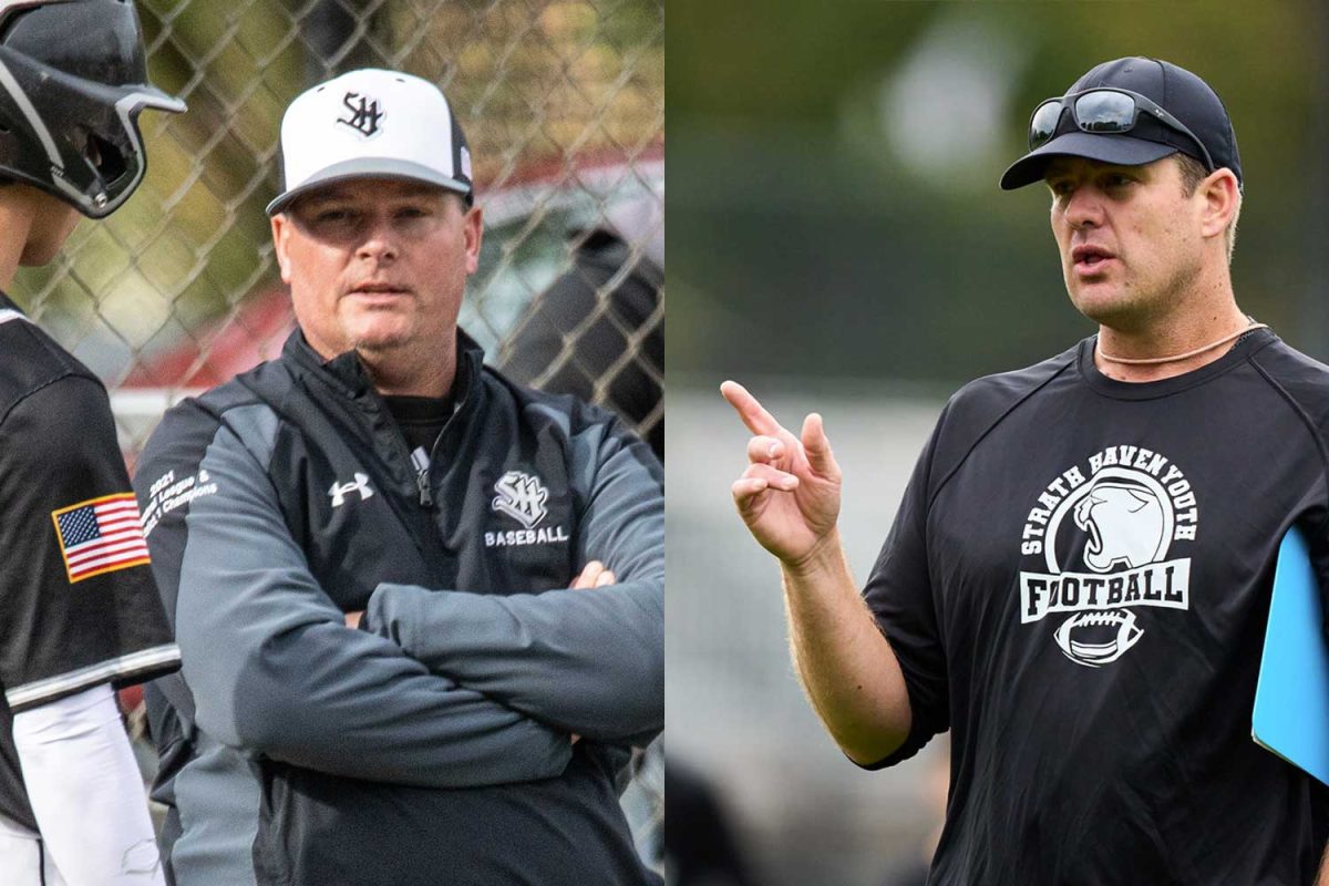 LEFT: Varsity baseball head coach Mr. Brian Fili (Kelly Montague '25) RIGHT: Assistant varsity football coach Mr. Mike Connor (Strath Haven Youth Football)