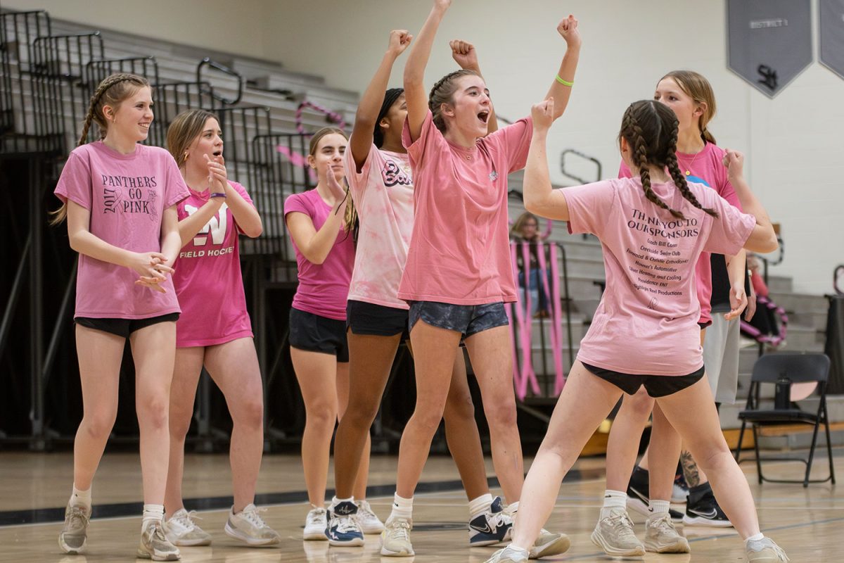 The Strath Haven Freshman Girls Basketball team celebrates after a point during the Unite for Her Volleyball Tournament on January 12. The tournament, led by Unite for Her student leaders, raised money to fund the treatment and therapy of people diagnosed with breast and ovarian cancers.