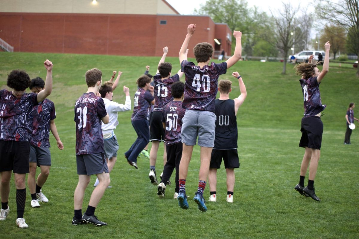 Ultimate+players+celebrate+during+the+home+game+against+Haverford+on+April+18.