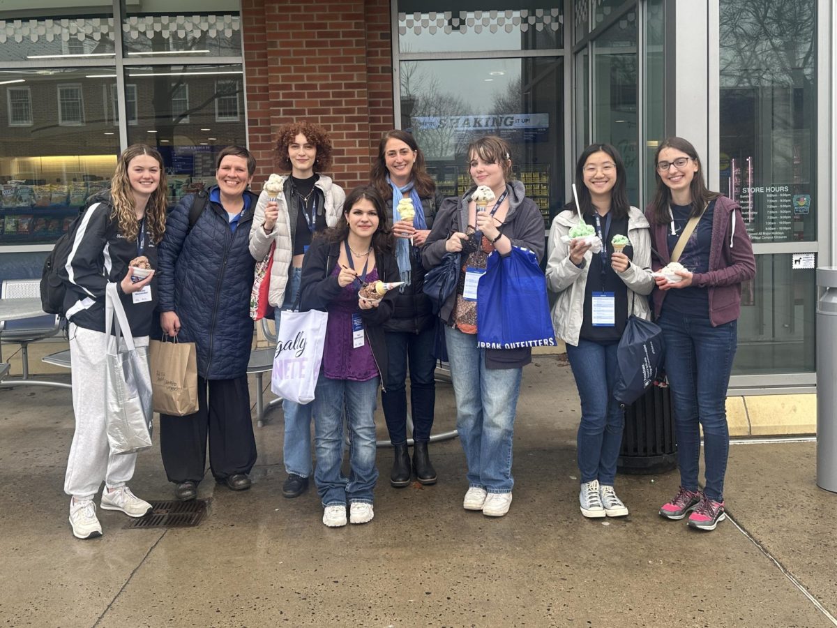 Haven student journalists and advisers Ms. Kate Plows and Mrs. Mimi Drew pose with ice cream from the Berkey Cremery after the state finals.