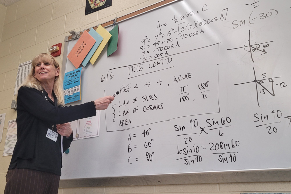 Math teacher Mrs. Lisa Sweeney teaches trigonometry to her third block class on Thursday, June 6.