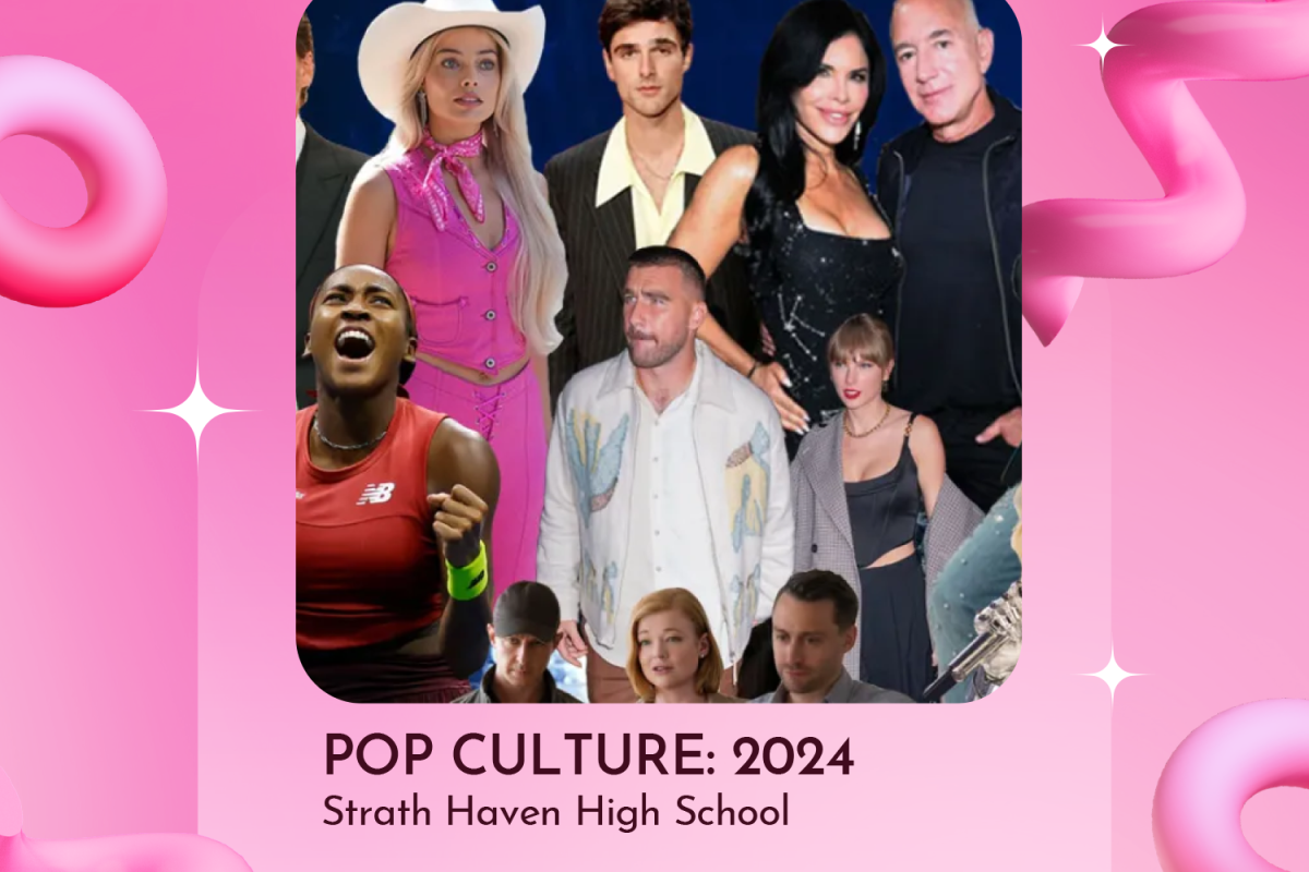 Pop culture icons throughout 2024: pictured Travis Kelce, Margot Robbie, and more.
