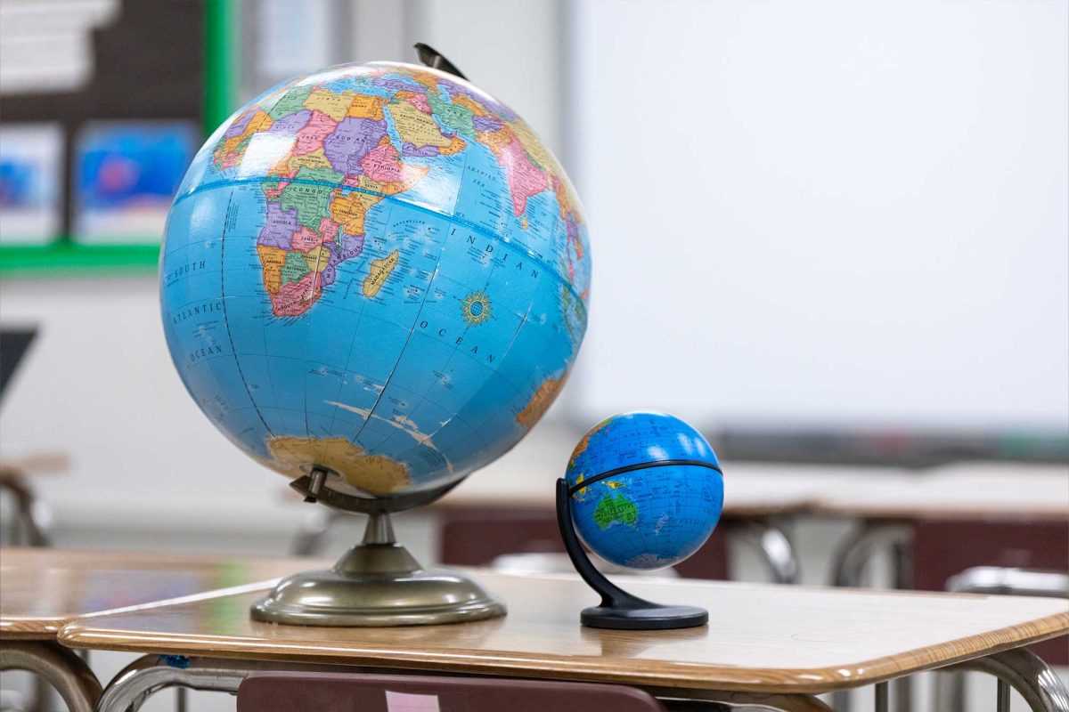 Globes are on display in Mr. Jeff Kahn’s classroom on Thursday, September 19.