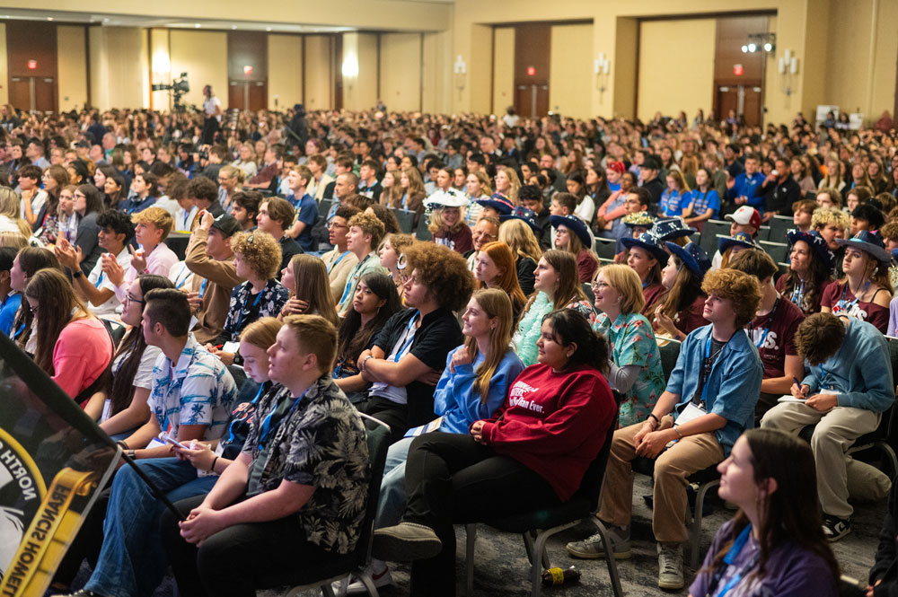 A crowd of thousands of student journalists and advisers listens to the opening presentation at the National High School Journalism Convention in Philadelphia on Thursday, Nov. 7.