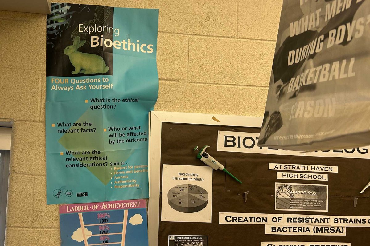 Posters for Bioethics on the wall in Mr. Tim Styers's classroom