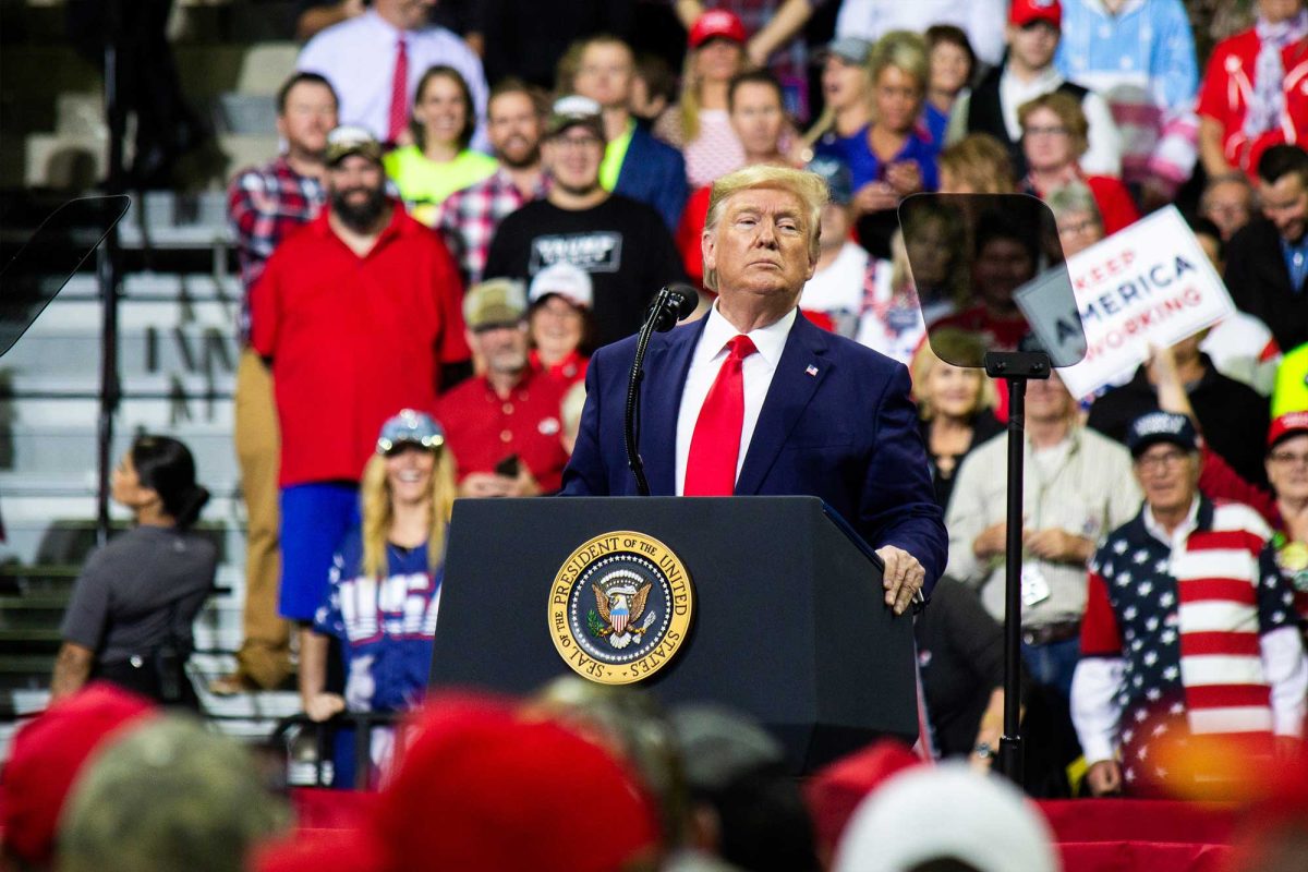 President Donald Trump addresses the crowd at Target Center in Minneapolis, MN, for his 2020 presidential campaign rally on October 10, 2019. PHOTO: Nikolas Liepins / NSPA Archives