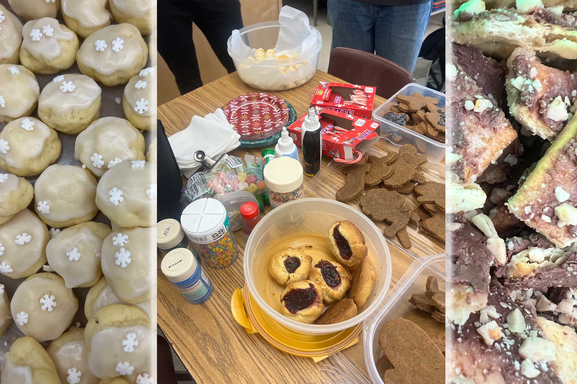 LEFT: White Italian Cookies; RIGHT: Snow Bark Cookies; CENTER: The spread at the November Foodie Friends meeting.