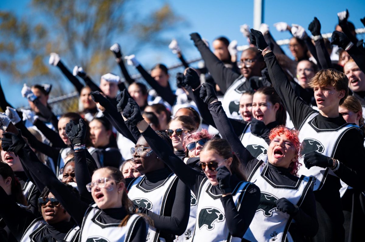 MAKING LASTING MEMORIES • The Haven Panther Marching Band silks are all hands up as they
chant along to a stand song during the game against Lower Merion on October 19.