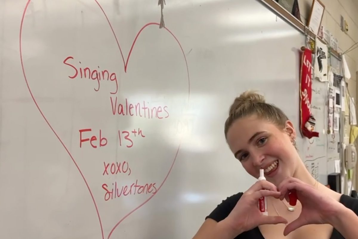 Freshman Adeline Chichester-Constable signals a heart hand as she poses next to a heart she drew on the white board next to her. Image provided by @strath.haven.choirs on Instagram