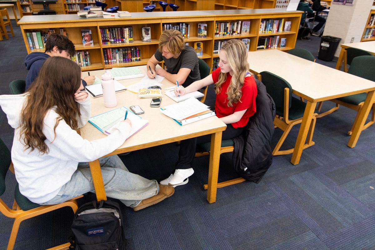 Students study for their history test in the library during fifth block on Wednesday, February 5. It was the groups' first time utilizing the library space for a group study session, prior to their test the following day.
