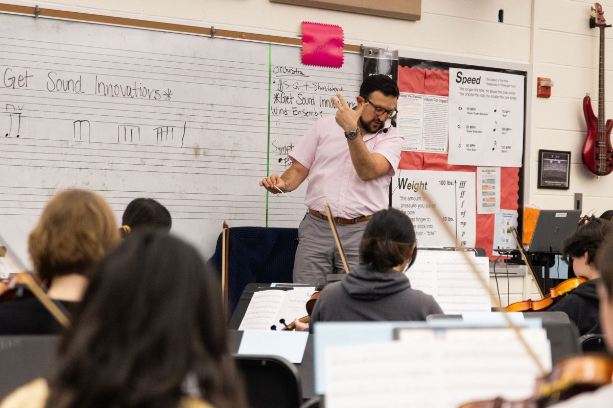 Music teacher Mr. Nicholas Pignataro directs the string orchestra during fifth block on Wednesday, February 5.