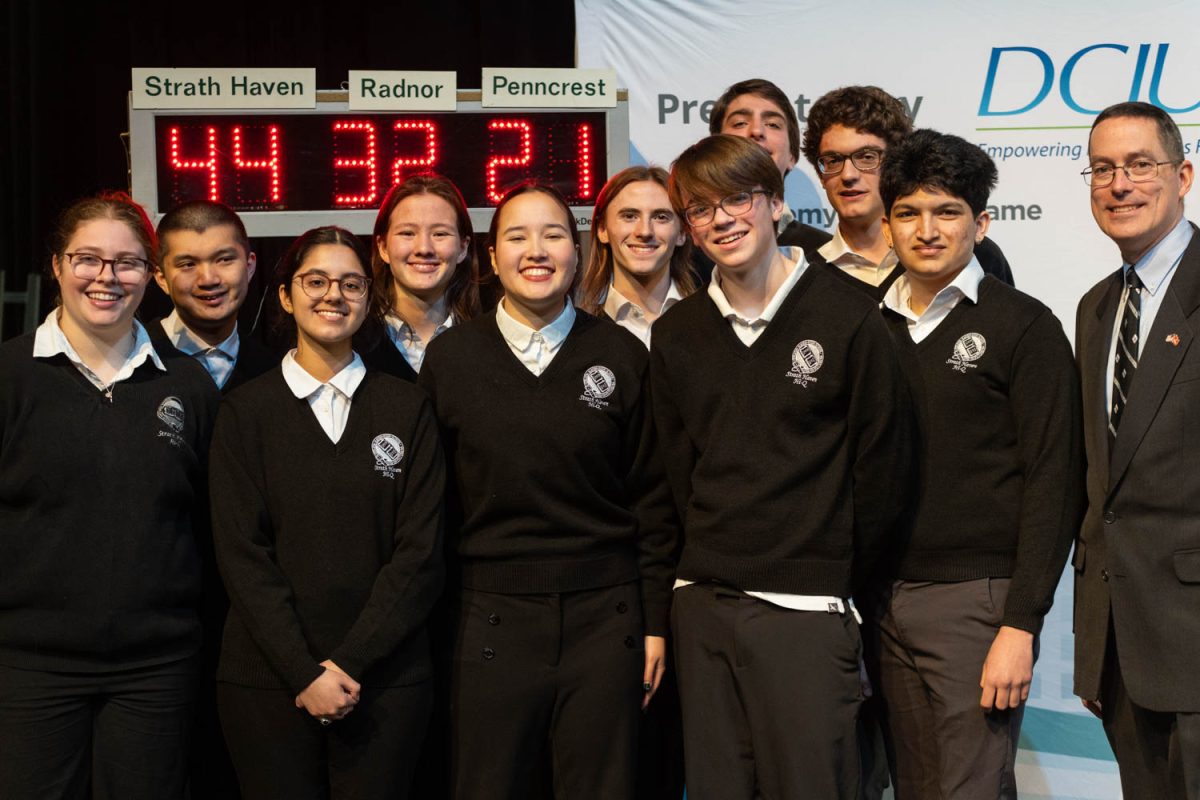 The Hi-Q team stand together for a picture after winning the semi-final match against Radnor High School and Penncrest High School on February 25. Members from left to right include seniors Ella Liberi, Ravneet Kaur, Jaden Hunter, Olivia Heisey-Terrell, Sebastian Reed, Colin Jarvis, Simon Kaplinsky, and Tanush Talekar, junior Yuhang Li, sophomore Clark Kerkstra, and advisor Mr. Bill Rothenbach. 