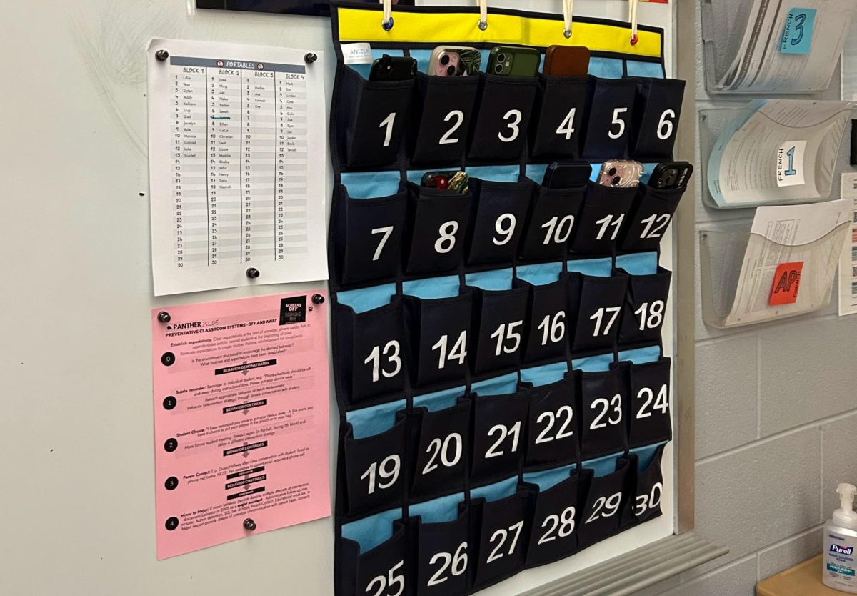 A phone caddy hangs on the wall in room 202. Since the start of the spring semester, students put their phones in the pockets during class time.