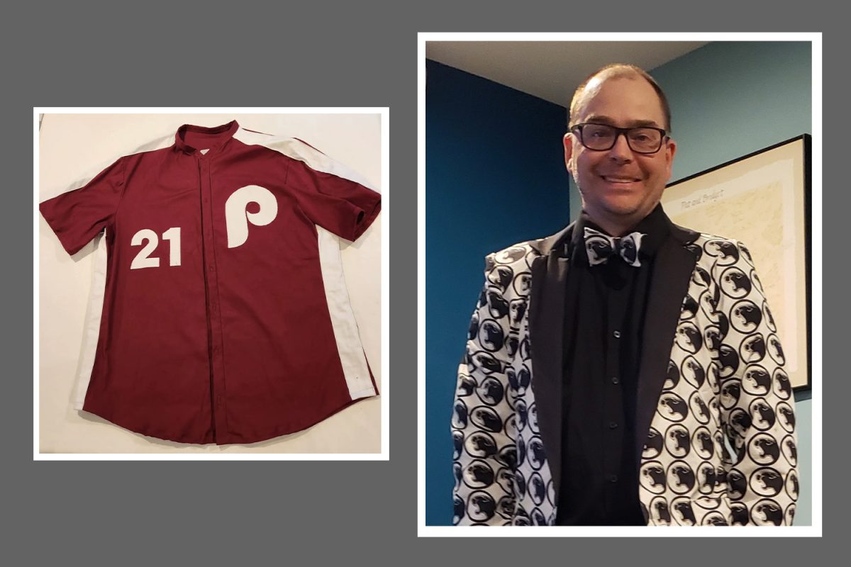 LEFT: A vintage patterened Phillies jersey sewn by Mr. Pat Keaveney. RIGHT: Mr. Pat Keaveney wears his iconic Strath Haven suit. (Images provided by Mr. Pat Keaveney)