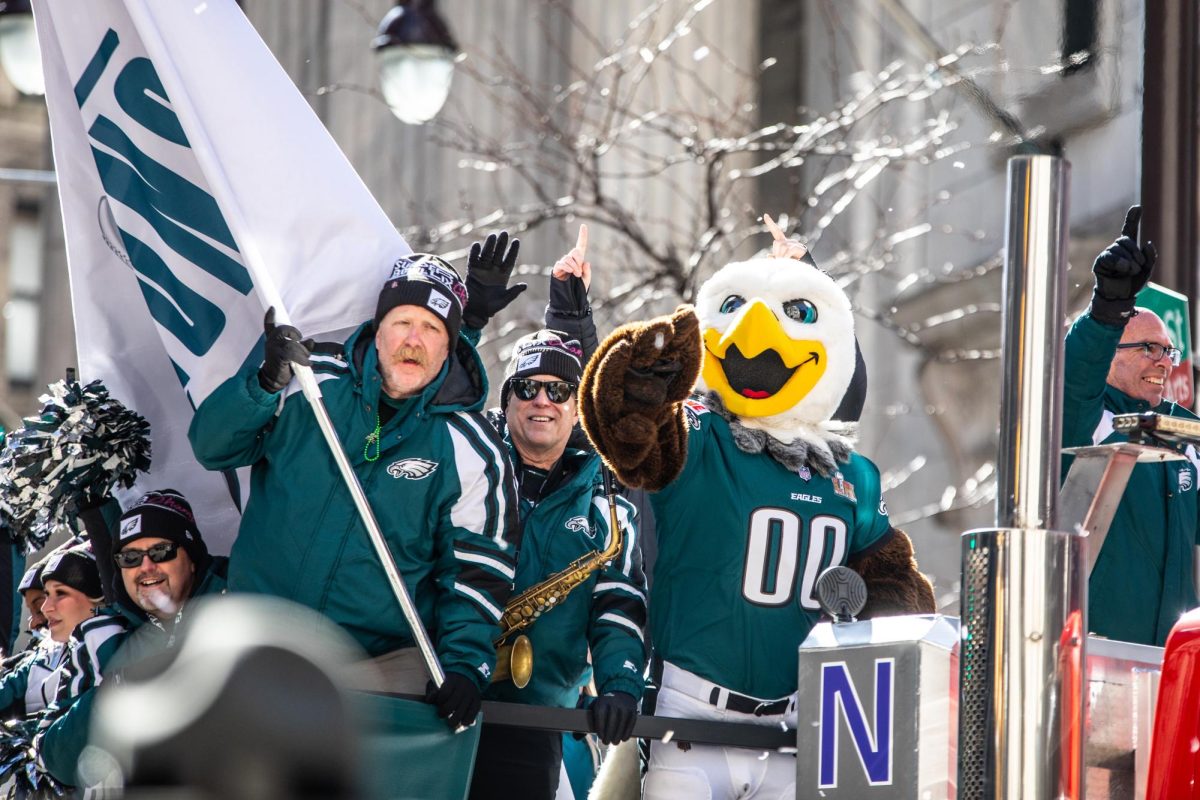 The Eagles Mascot, Swoop, waves to fans at City Hall on February 14.