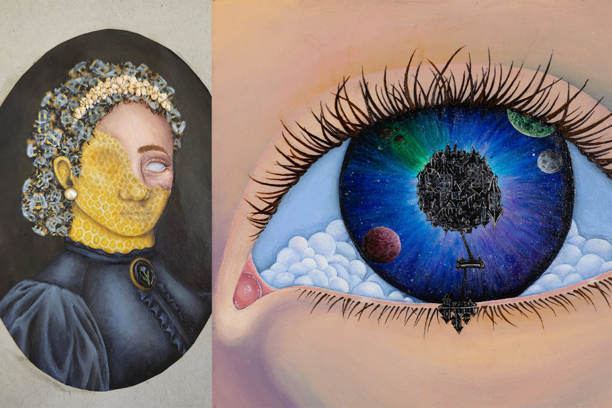 PHOTO ILLISTRATION | LEFT: "Bee Portrait," a multimedia portrait created by senior MJ Rosenberg. RIGHT: "Microcasm," a surrealist painting created by senior MJ Rosenberg.
