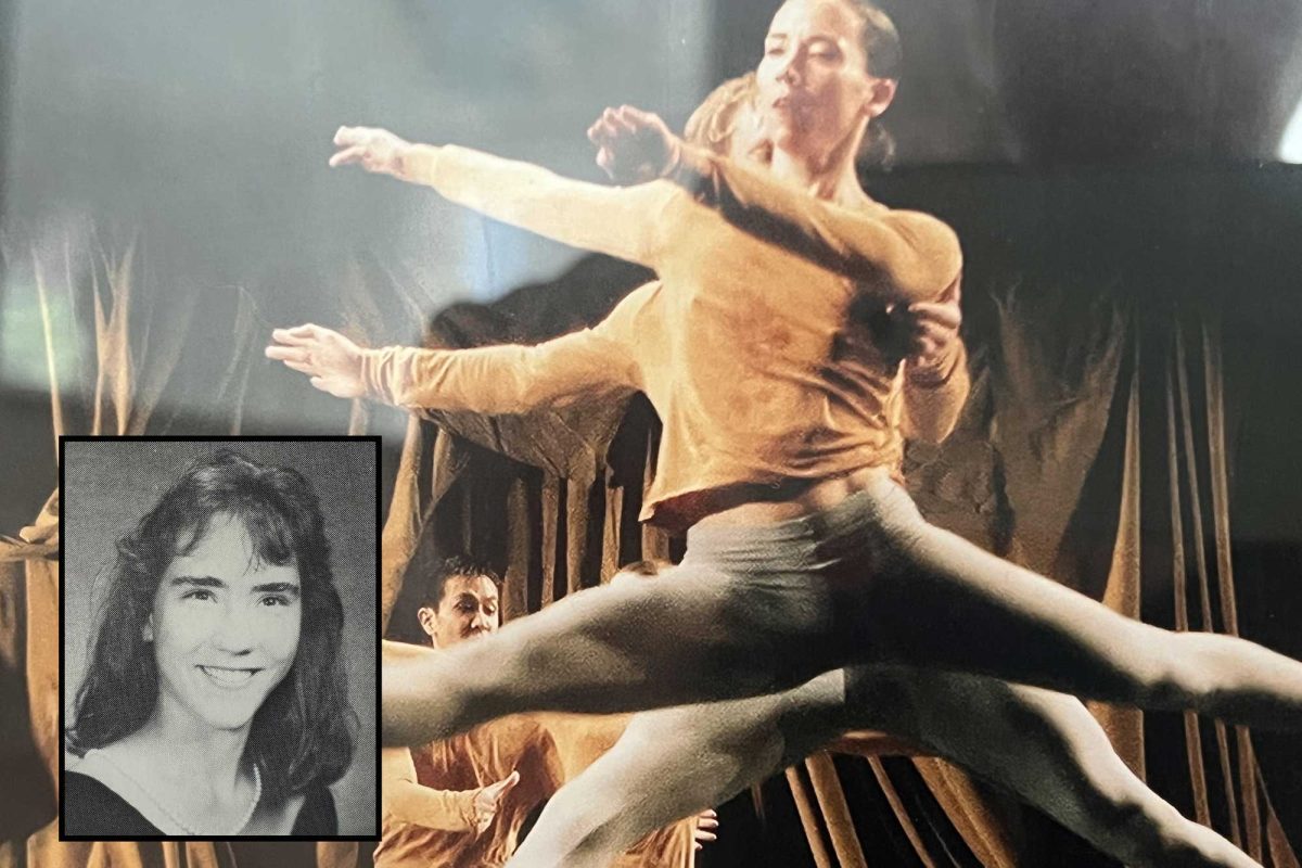 Derry Swan leaps during a performance of "Sounddance" for the Merce Cunningham Dance Company. "Sounddance" premiered in 1975 after Cunningham spent nine weeks at the Paris Opera. PHOTO PROVIDED BY DERRY SWAN
Inset: Derry Swan, 1988 Haven Yearbook