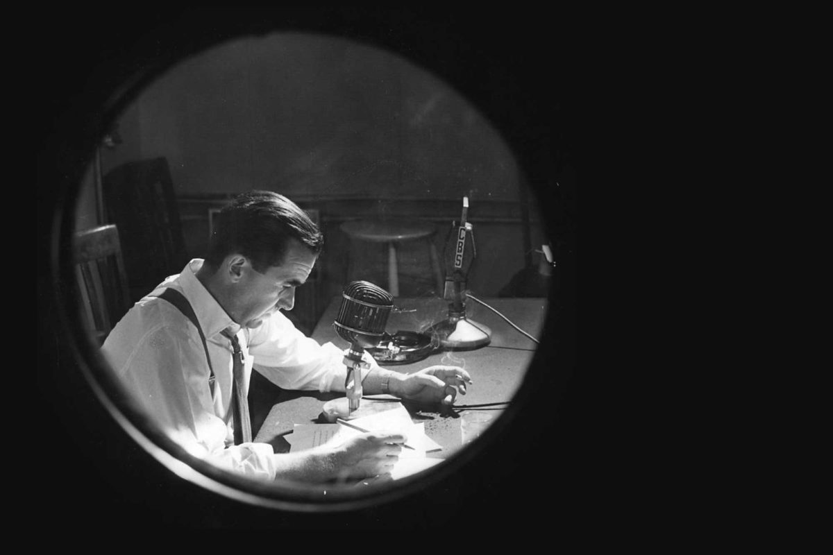 Edward R. Murrow in his office, 1957. Source: The University of Maryland Library (U.S.) U.S. Public Domain