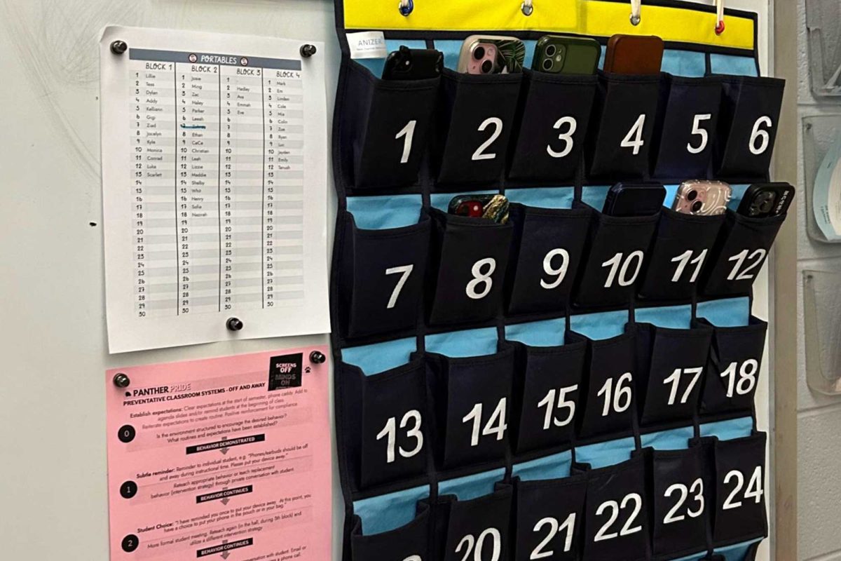 A phone caddy hangs on the wall in room 202. Since the start of the spring semester, students put their phones in the pockets during class time.