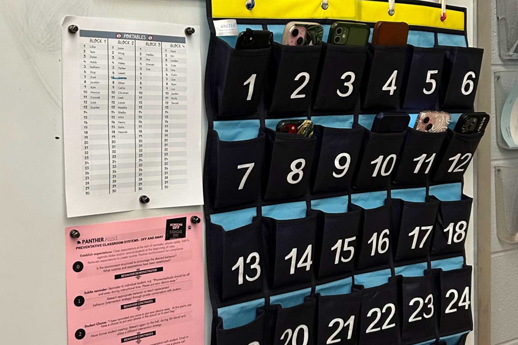 A phone caddy hangs on the wall in room 202. Since the start of the spring semester, students put their phones in the pockets during class time.