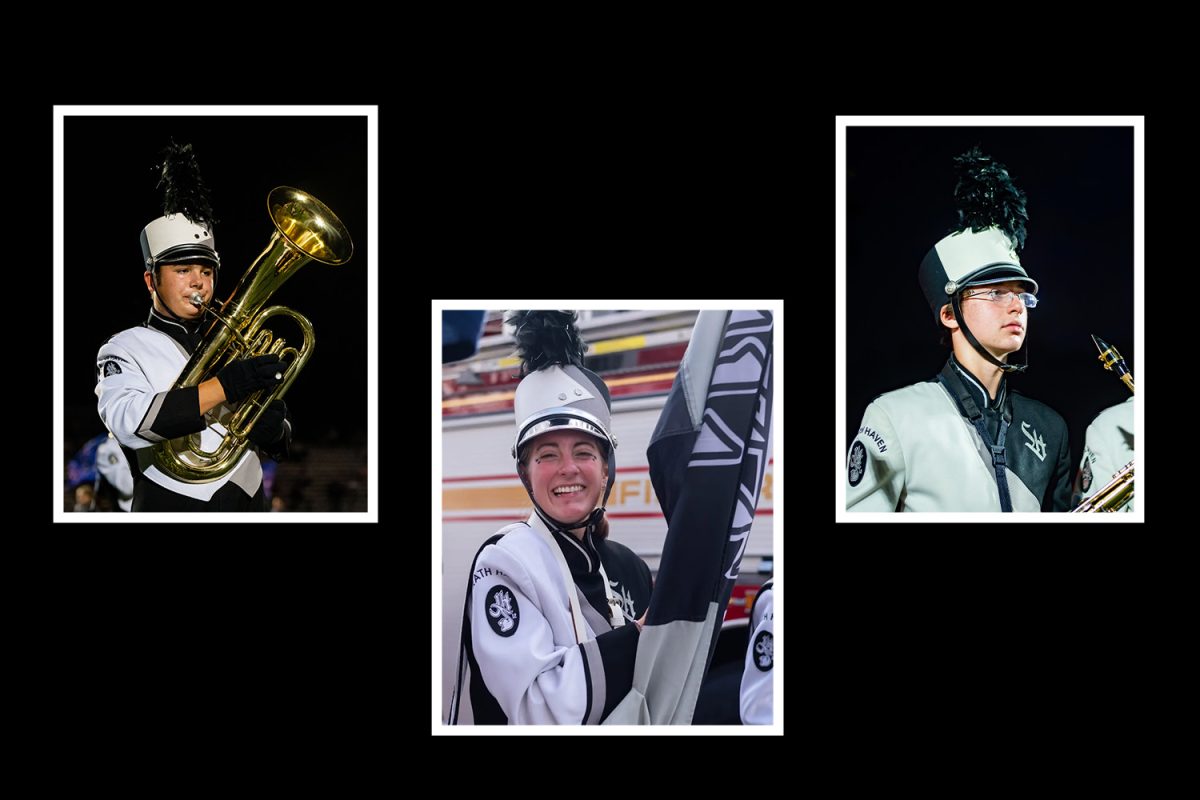 Junior Eli Surkis blows into his baritone as he marches diligently with the rest of his section, junior Josie Wieland smiles as she carries the Jack Hontz 12 flag, leading the band through the Veteran's Day parade, and junior Casper Stockman holds his tenor saxophone as he looks off in the distance under the friday night lights.