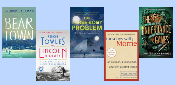 September Book Review Illustration | “Beartown” by Fredrik Backman (Simon & Schuster) |  “The Lincoln Highway” by Amor Towles (Penguin Random House) | “The Three-Body Problem” by Cixin Liu (Tor Publishing Group) | “Tuesdays with Morrie: An Old Man, a Young Man, and Life’s Greatest Lesson” by Mitch Albom (Doubleday) | “The Inheritance Games” by Jennifer Lynn Barnes (Little, Brown Books for Young Readers)