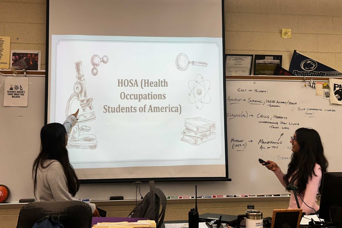 HOSA club co-presidents Rheya Singh and Lavanya Dixit present at the HOSA interest meeting on Monday, September 15.