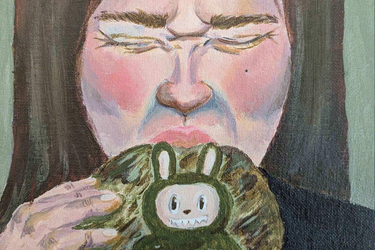 Senior AP Art student Pearl Tweedy's work "EATING THE NEW MATCHA DUBAI CHOCOLATE LABUBU CRUMBL COOKIE" explores the impact of microtrends on our everyday lives. | Illustration: Pearl Tweedy '26