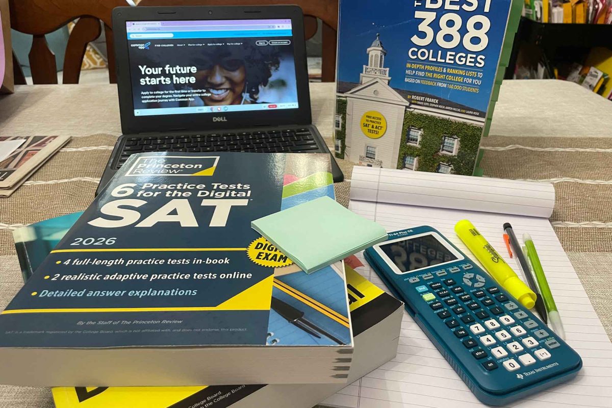 A mess of college preparation and application materials. A huge collection of college prep resources is common for many stressed high school students who are overwhelmed with their academic responsibilities. 