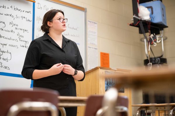 Lyla Kelly (11) gives her oratory speech during her speech competition.