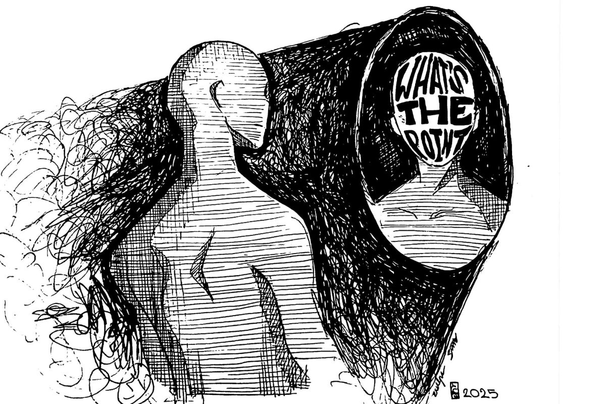 ILLUSTRATION: A person stares into a mirror, reflecting the words "What is the point."  