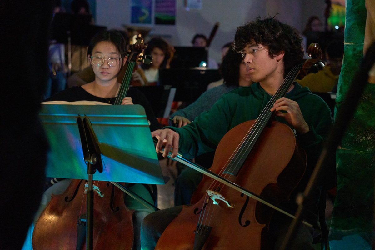 Kaitlyn Ho (12) and Markus Johnson (11) play their cellos as they follow sheet music during the second floor hallway concert during fifth block on Dec. 17.
