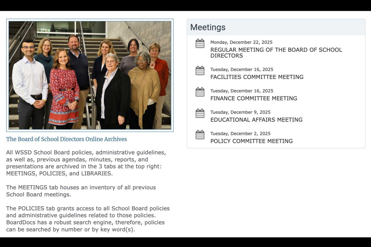 A screenshot of the updated BoardDocs webpage with the new board members. The district uses BoardDocs to archive school board documents, meetings, and agendas.