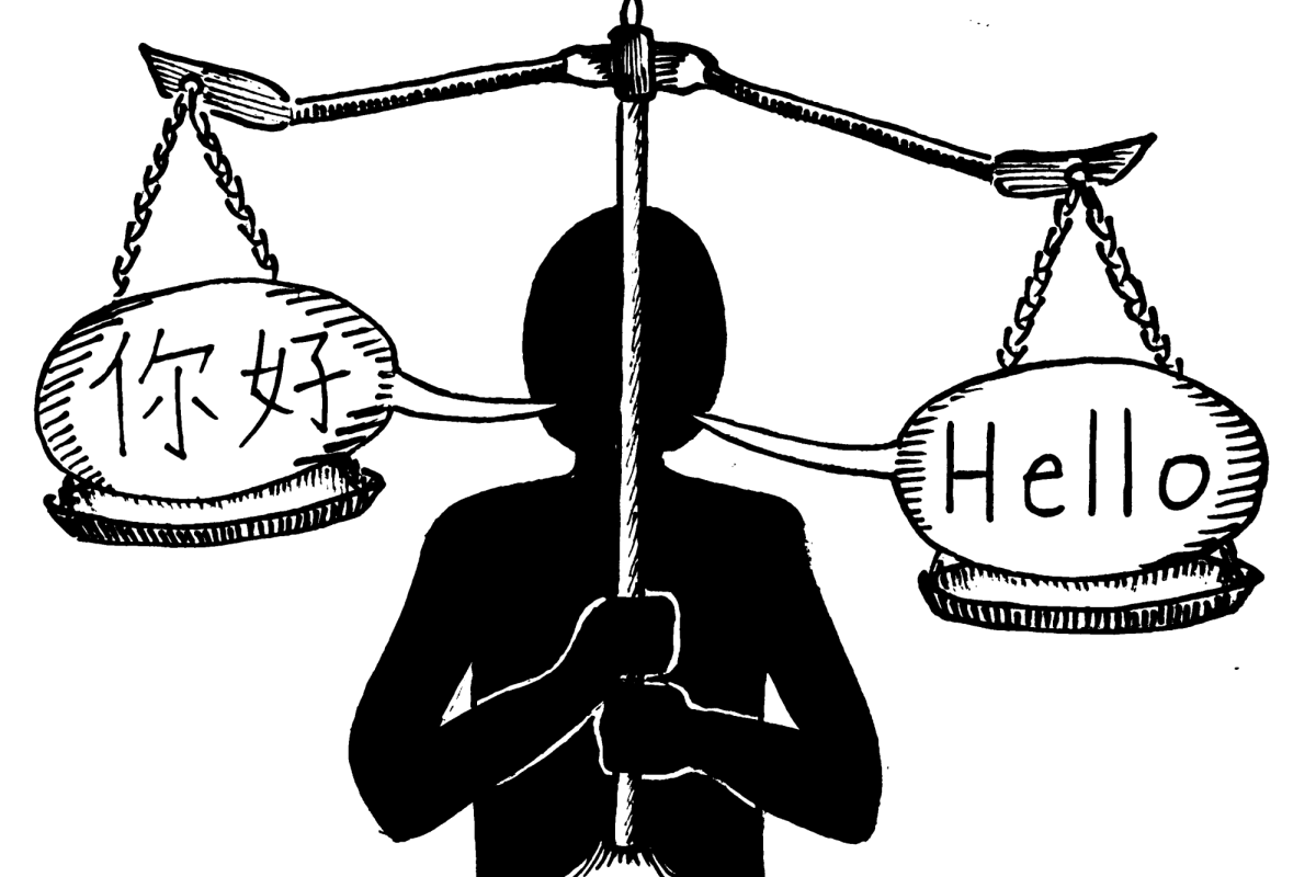 A person holds a scale, balancing the two languages of Chinese and English. Illustration by Josie Wieland