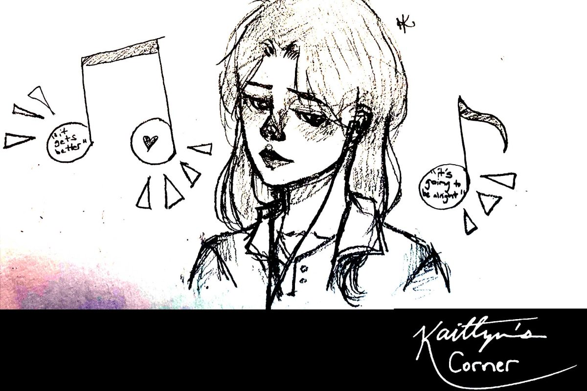 Illustration: A girl listens to music with wired earbuds. Positive messages like "it gets better" are set in the music notes. 