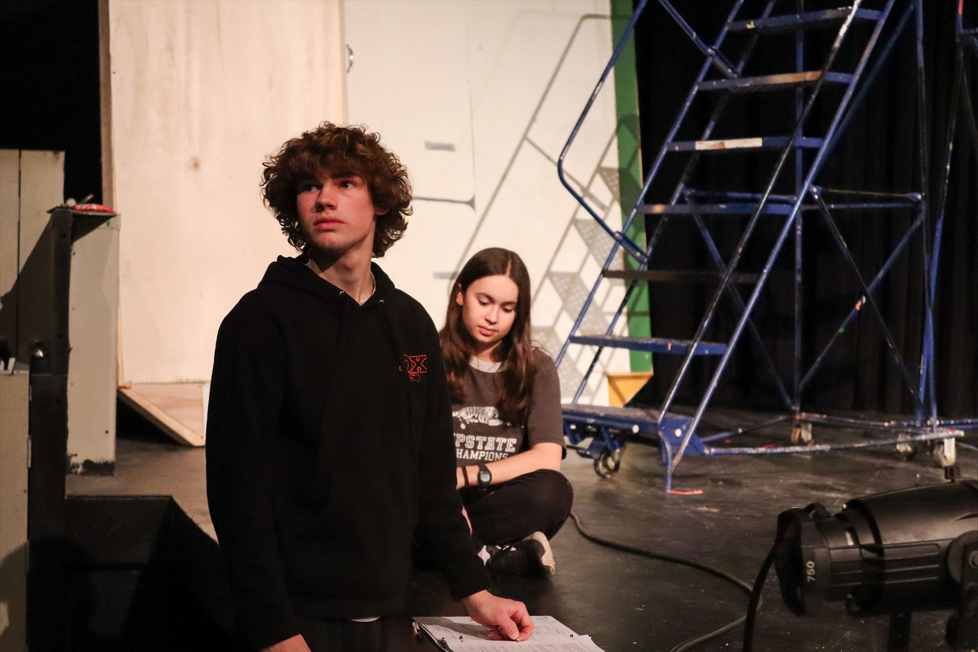 Nate Mitchell (11) and Anabella Larin (11) work together through Alice By Heart rehearsal on Feb. 21. Having over seven hours left that day, the pair was getting a taste of how tech week can be.