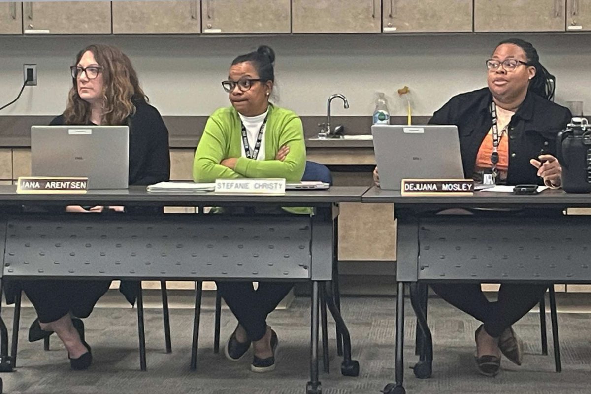 Ms. DeJuana Mosley, Ms. Stefanie Christy, and Ms,.Jana Arentsen from the business office present on the preliminary 2026-2027 budget during the facilities committee meeting on Tuesday, April 21. The proposed budget requires the district to drain millions of its reserves, a necessity that alarmed some board members.