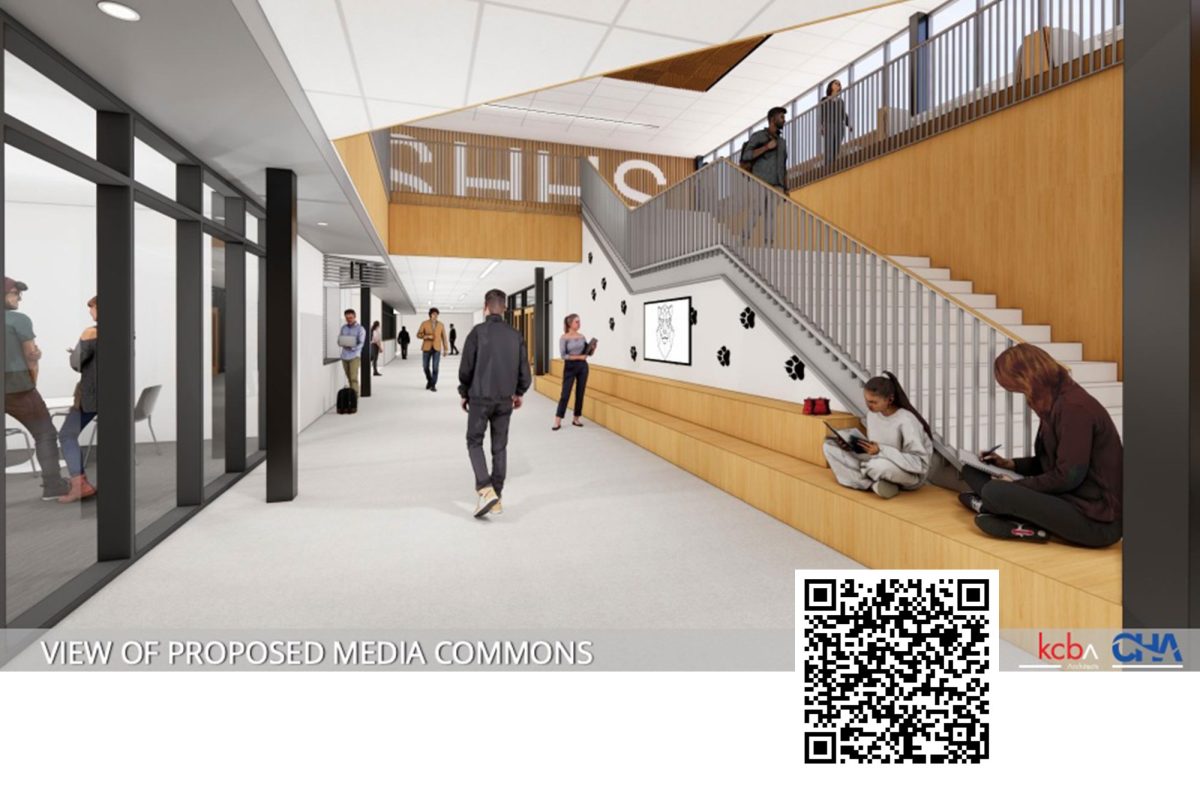 Proposed post-renovation view of media commons hallway that would replace the Green Mile. Scan the QR code to view the full presentation shared at the April 21 Facilities Committee meeting.